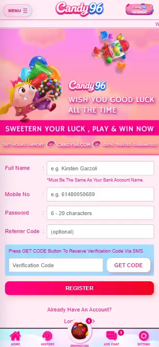 Current view of Candy96 terms showing eligibility, mobile number, OTP and one-account registration rules