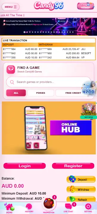 Current view of the real Candy96 responsive web interface displayed in a mobile viewport