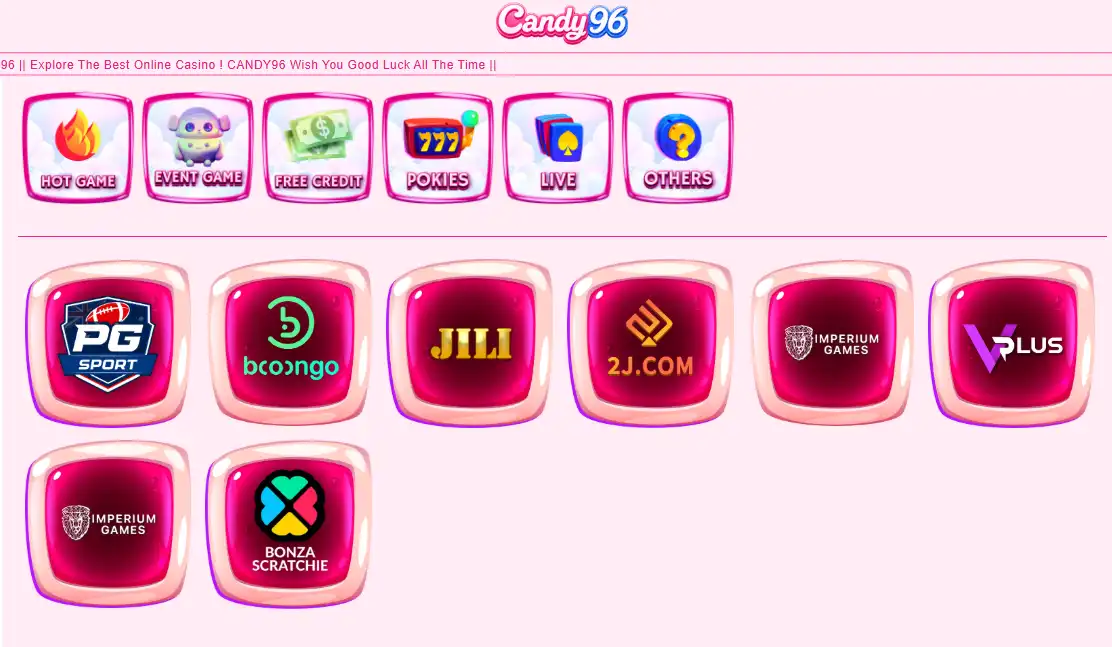 Current view of Candy96 game presentation showing its pokies focus and named providers JILI, BNG and Aristocrat